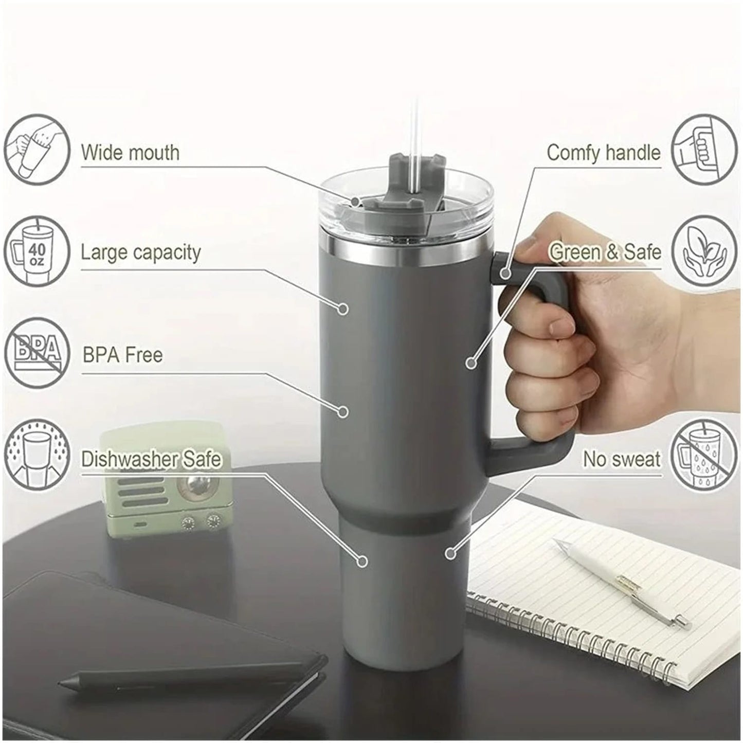 VASO TÉRMICO DE ACERO INOXIDABLE 1.200ML CON ASA Y SORBETE